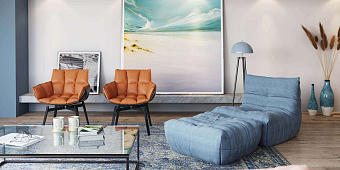 Кресло в интерьере гостиной-9, стильное кресло ДеФранс с пуфом